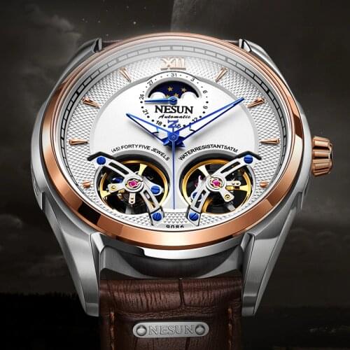 Luxury Brand Switzerland NESUN Dual Flywheel Automatic Mechanical Mens Watches 50M Waterproof Moon Phase Luminous Clock N9086
