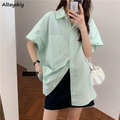 Shirt Women Solid Light Color Half-sleeve Oversized Unisex Cool Female Clothing Single Breasted Pocket Daily Streetwear Ulzzang