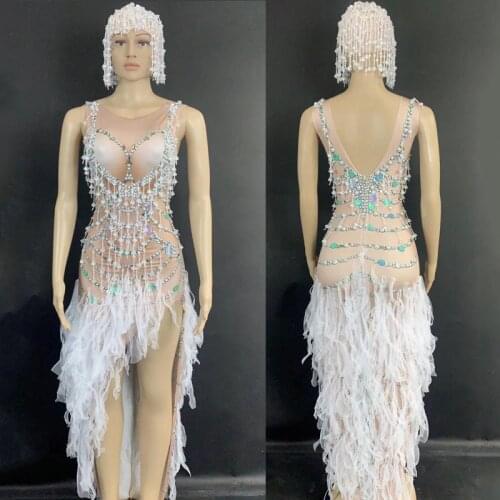 Sexy Nude Long Dress Nightclub Singer Costume One-Piece Crystal Stone Stage Performance Clothing Tailed Dress Sleeveless VDB2302