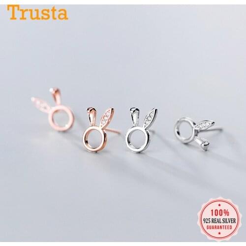 Trusta 100% 925 Solid Real Sterling Silver Jewelry Fashion Cute Hollow Animal Rabbit Stud Earring Gift For Girl Teens Lady DA12