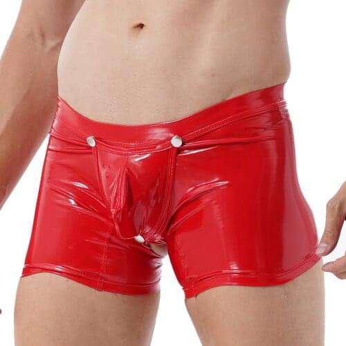 Mens Low Rise Open Butt Shorts Removable Bulge Pouch Underpants Erotic Lingerie Wet Look Patent Leather Boxer Briefs Underwear
