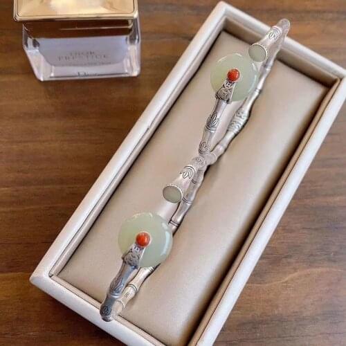 Unique designer design craftsmanship natural Hetian jade bamboo bracelet palace style classical ladies brand silver jewelry