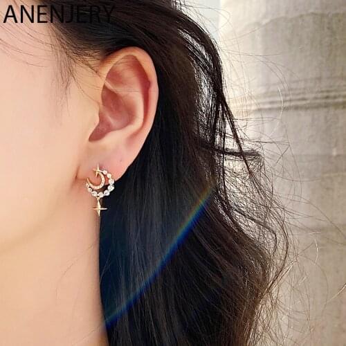 ANENJERY 925 Sterling Silver Cubic Zircon Star And Moon Earrings Charms Earrings For Women Man Girls Korean Jewelry S-E1316