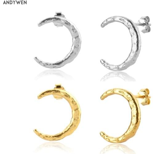 ANDYWEN 925 Sterling Silver 2021 Plain Moon Stud Earring Piercing Clips Pendiente Luxury Women Fashion Fine Jewelry Gift