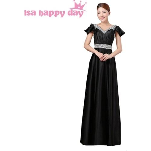 Ladies sexy satin a line elegant v neck beautiful floor length long cap sleeved dresses black evening dress formal gown H2914