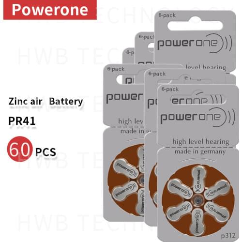 10pack(60PCS) Powerone 60 Zinc air batteries Size 312 P312 PR41 for hearing aid free shipping