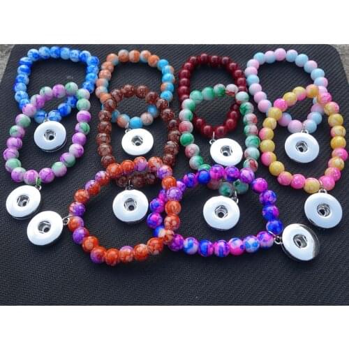Kids Girls Beads Strand Bracelet 8mm Baking Varnish Dual Coated Glass Beads 18mm Snap Button Wristband 12 Pcs / Lot Colors Mix