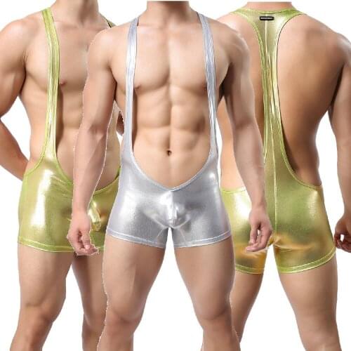 2020 Sexy Mens Undershirts Gay Bodysuits PU Leather Wrestling Singlet Leotard Jumpsuits Clubwear Vest Men Boxer Shorts Underwear