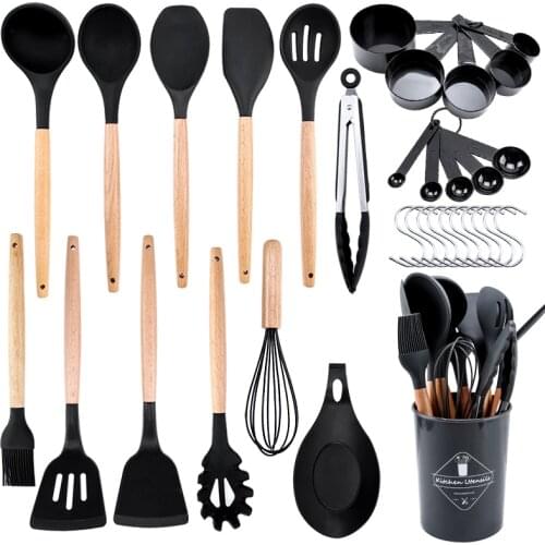 25 Pcs/set Silicone Utensils Set Wooden kitchen Tools And Gadgets Accessories Tongs Measuring Spoon Whisk For Cooking