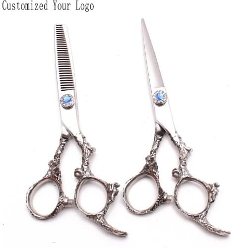 5.5" 6" 440C Shiny Engraving Logo Cutting Scissors Thinninng Shears Pets Scissors Dogs Shears Professional Grooming Shears C9005
