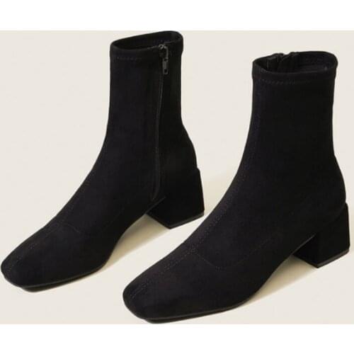 Thin Boots Female Autumn and Winter Ankle Boots 2021 New Popular Square Head Side Zipper Middle Chunky Heel Stretch Boots