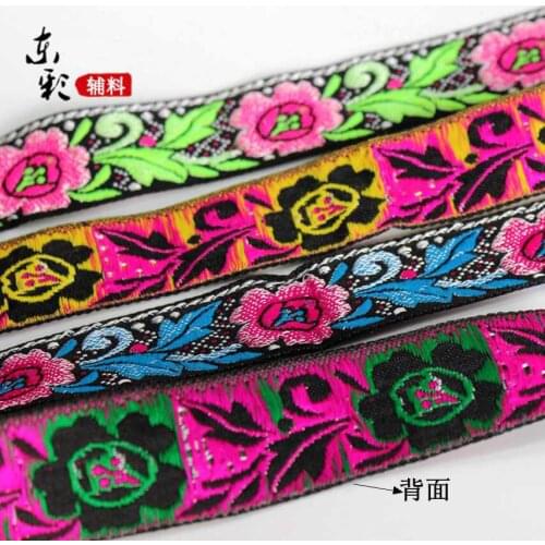 Black embroidered flower 2.2cmx 7Meter/lot Zakka handmade accessories DIY polyester woven Jacquard Ribbon with National Ribbon