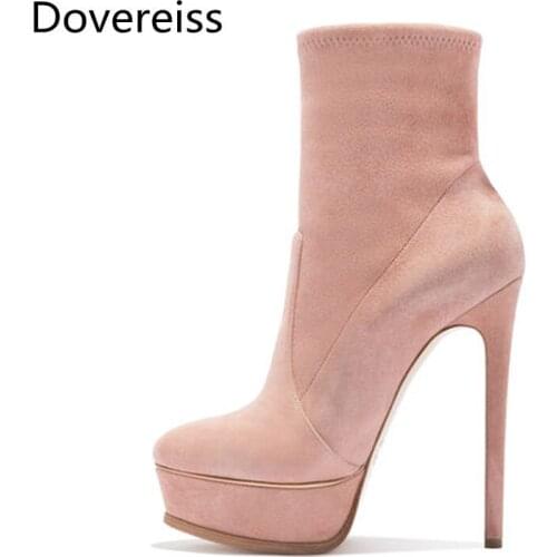 Dovereiss Fashion Womens Shoes Winter Pure color Pink Platform Slip on Suede Stilettos heelShort boots Pointed toe big size 43