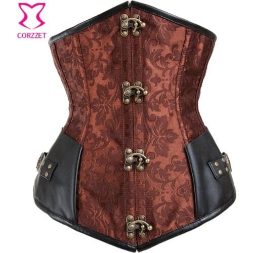 Brown Brocade&Black Leather Steel Boned Steampunk Corset Corselet Underbust Waist Trainer Corsets Corsetto Sexy Gothic Clothing