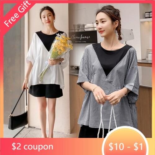 Summer Korean Fashion Patchwork Maternity Shirt + Loose Belly Shorts Sets Large Size Tops Suits Clothes for Pregnant Women