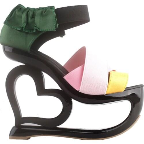 LF40216 SHOW STORY Black Green Yellow Pink Strappy Ruffle Heart Heel Wedge Bridesmaid Wedding Sandals
