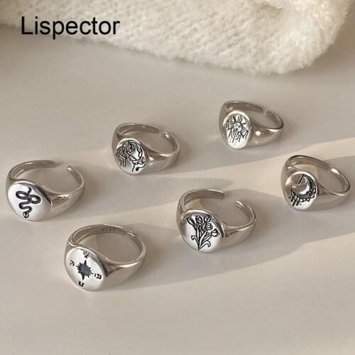 Lispector 925 Sterling Silver Retro Carve Snake Sun Moon Flower Rings for Women Element Original Vintage Ring Punk Jewelry Gifts
