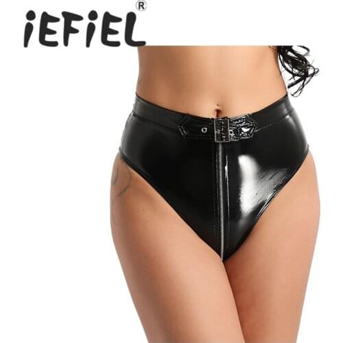 Fashion Women Female Lingerie Triangle Panties Wet Look PVC High Cut Front Zippered with Belt Briefs Underwear for Nightwear