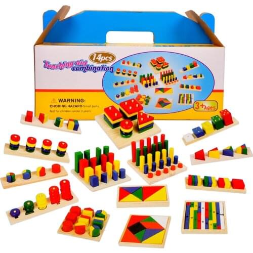 Montessori toy Baby educational wooden geometry shape wood building blocks teaching toys (14 types Family set )