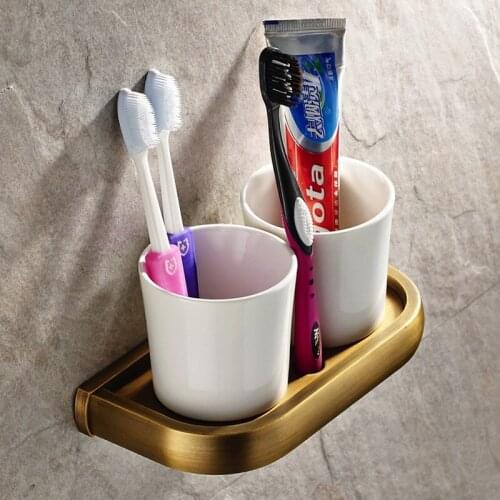 Cup & Tumbler Holders Wall Mounted Ceramic Cup Bathroom Accessories Brass Double Tumbler Holders Toothbrush Cup Holder KD905