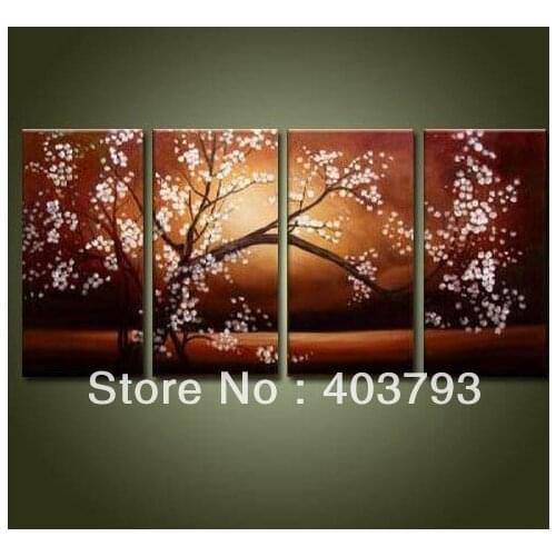 Huge wall art oil painting on canvas 4panels plum flower decoration butterfly flower free shipping