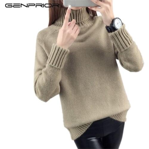 GENPRIOR 2017 Autumn Winter Women Loose Turtleneck Knitted Cotton Sweater Long-sleeved Solid Thickening Female Pullover Sweater