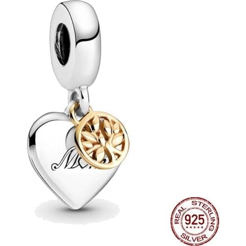 925 Sterling Silver Two-tone Family Tree Heart Dangle Charm fit Pandora Bracelet Necklace Silver 925 Jewelry Mothers Day Gift