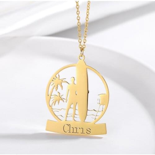 Personalized Name Necklace Customized Stainless Steel Pendant Name With Summer Beach Surfing For Man Women Jewelry Gift