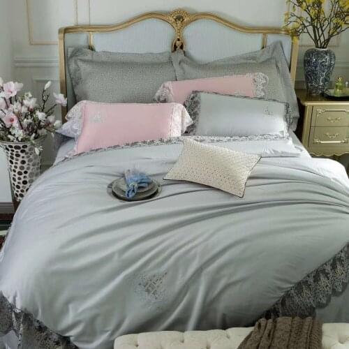 Pink 4pcs Luxury 120S Grey White Lace Egyptian cotton Royal Bedding set Queen King Wedding Duvet cover Bed sheet set Pillowcase