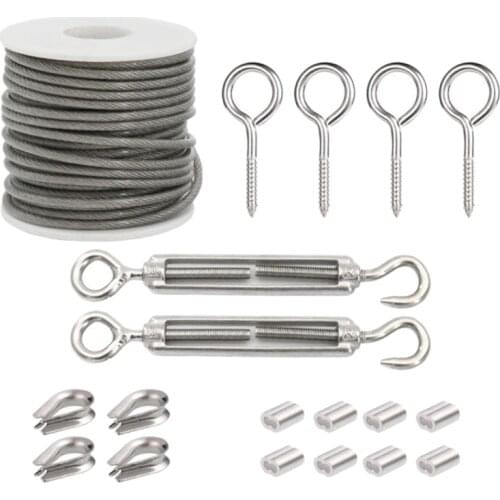 Garden Wire Rope/Outdoor String Light Suspension Kit,15M 3mm Stainless Steel Cable Rope with Clips Tensioner Turnbuckles