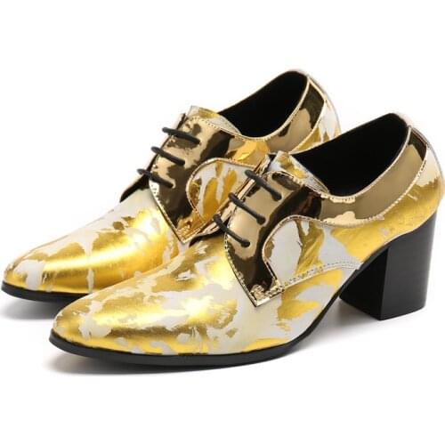 Golden High Heels Leisure Party Shoes Men Fashion Printing Leather Wedding Dress Shoes Mens Height Increase Pointed Toe Shoes