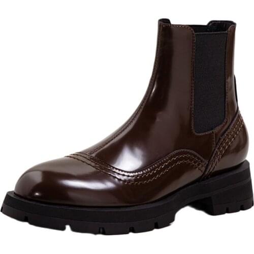 Platform Women Ankle Boots Soft Sheepskin Patent Leather 2021 Autumn Winter Thick Bottom Med Heels Casual Concise Chelsea Shoes