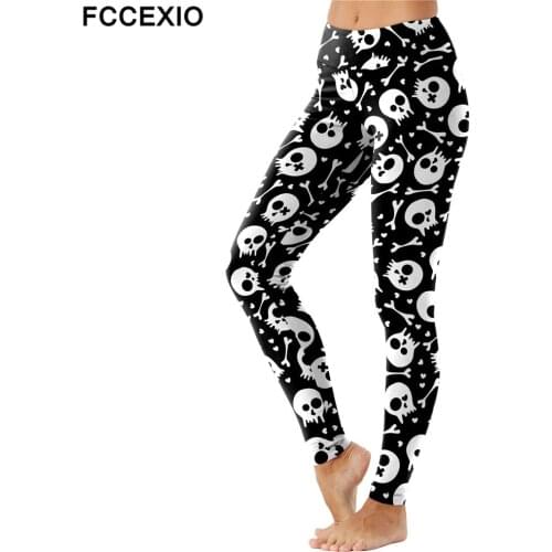 FCCEXIO Women Sexy Slim Leggings Fashion Pumpkin Skull 3D Printed Halloween Streetwear Hip-Lift Tight Pants Fitness Leggings