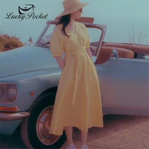 New Summer Women Yellow V-Neck Slim Long Dress Female Solid Color England Style Vestidos Ladies Brand High-Quality Dresses ZM93