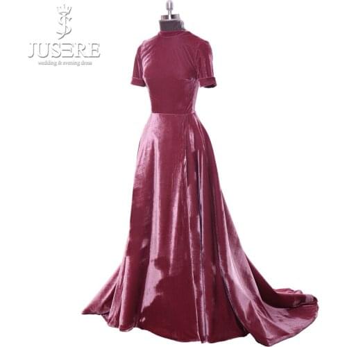 Velvet High Neckline Short Sleeves A line Elegant Red Flowing Down Court Train Lady Occasion Long Burgundy Evening Dress 2018