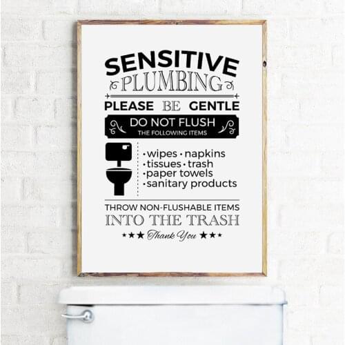 Flush Toilet Sign Print Sensitive Plumbing Septic System Signs Poster Restroom Wall Art Picture Canvas Painting Bathroom Decor