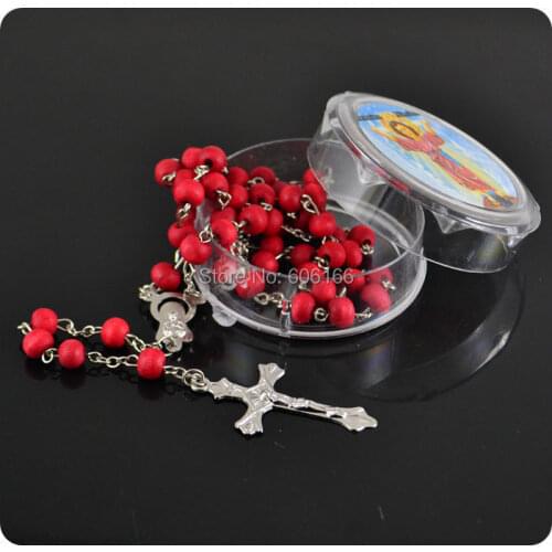 12x Mix Color rose scented perfume wood Rosary Beads INRI JESUS Cross Pendant Necklace Catholic Fashion Religious jewelry