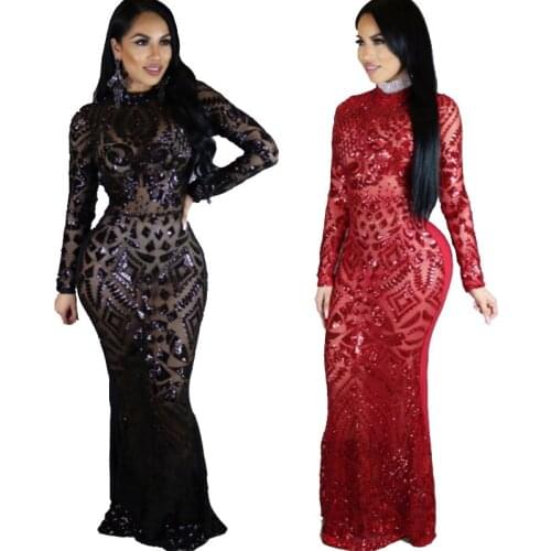 2020 Sexy Perspective Long Sleeve Black Sequined Party Dress Bodycon O Neck Paty Dress Tight Package Dress Vestidos De Fiesta