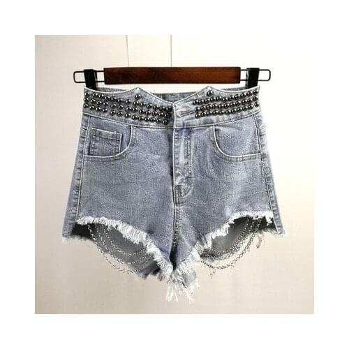 2021 New Summer Denim Shorts Fashion Women Beading Rivet Mini Jeans Shorts High Quality Female Clothes Brand Streetwear Femme