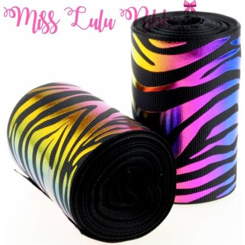 3"75mm Zebra Stripes Rainbow Foil Printed Grosgrain Ribbon DIY Party Gift Packing Stuff Webbings Hair Band Making 5yards/roll