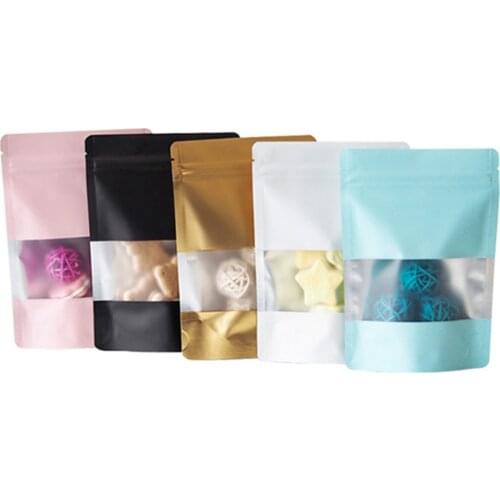 50pcs Foil Stand Up Pouches with Frosted Window Self Sealing Ziplock Bags Tea Nuts Grains Packaging Storage Gift Bag