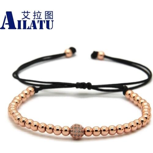 Ailatu 4mm Rose and Silver Color Round Bead with Clear Zircons CZ Ball Braiding Macrame Bracelet