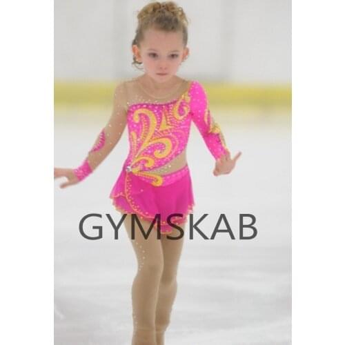 Graceful Figure Skating Dress Girls Customized Ice Skating Dress Pink Long-sleeved Gymnastics Costume 8827