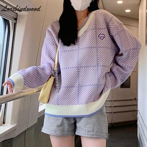 Loribindwo Purple Sweater Womens Loose Outer Wear V-neck Plaid Design Sense Niche Sweater 2021 Age Reduction and Warmth