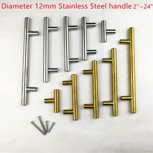 Diameter 12mm Stainless Steel brushed gold handle Kitchen Door Cabinet T Bar Handle Pull Knob 2" ~ 24