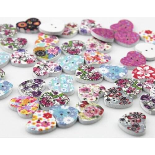 Set of 300pcs sale wood kitsch floral paint Multi Color Buttons, wood heart shape, colorful ornament for button jewelry 18mm