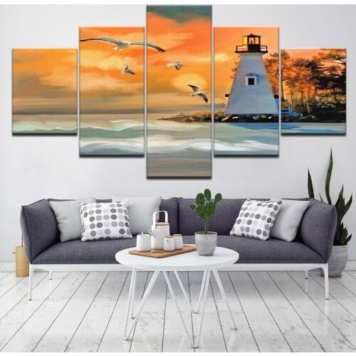 Wall Art Abstract Decorative Prints Modular 5 Panel The Lighthouse Framework Canvas Painting Pictures For Living Room Bedroom