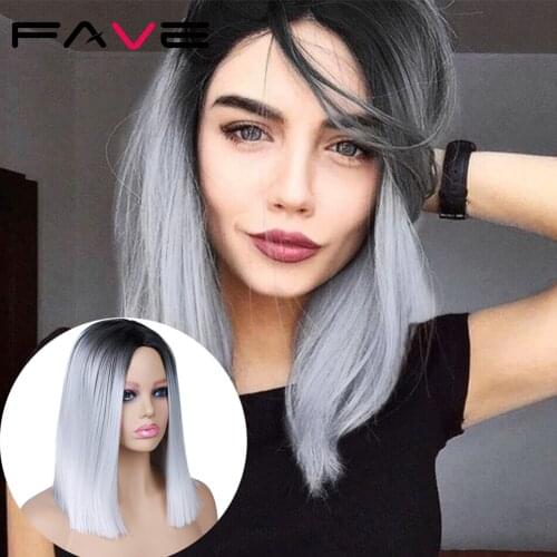 Fave Ombre Grey Straight Bob Synthetic Wig Black to Grey Middle Part Heat Resistant Fiber Synthetic Cosplay Party Wigs for Women