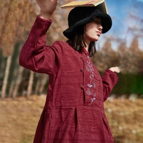 SCUWLINEN 2019 Women Winter Dress Thick Fleece Vintage Exquisite Embroidery Long A-line Linen Cotton Dress Vestidos S641