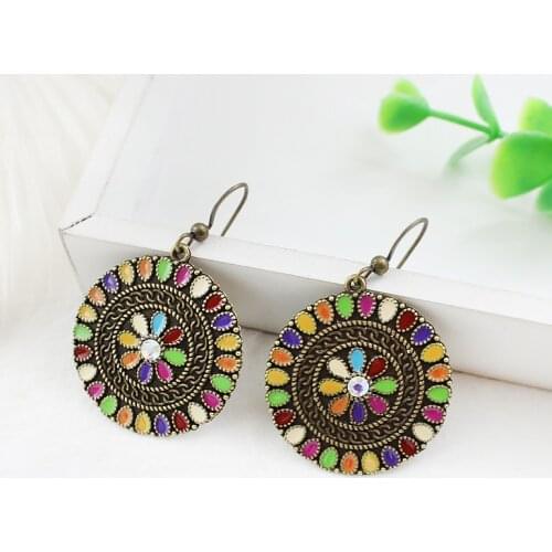 Retro round bronze Earrings 7-colour water droplets pattern Lesbian Rainbow Jewelry Bohemian Ethnic Style Eardrop Women Girls